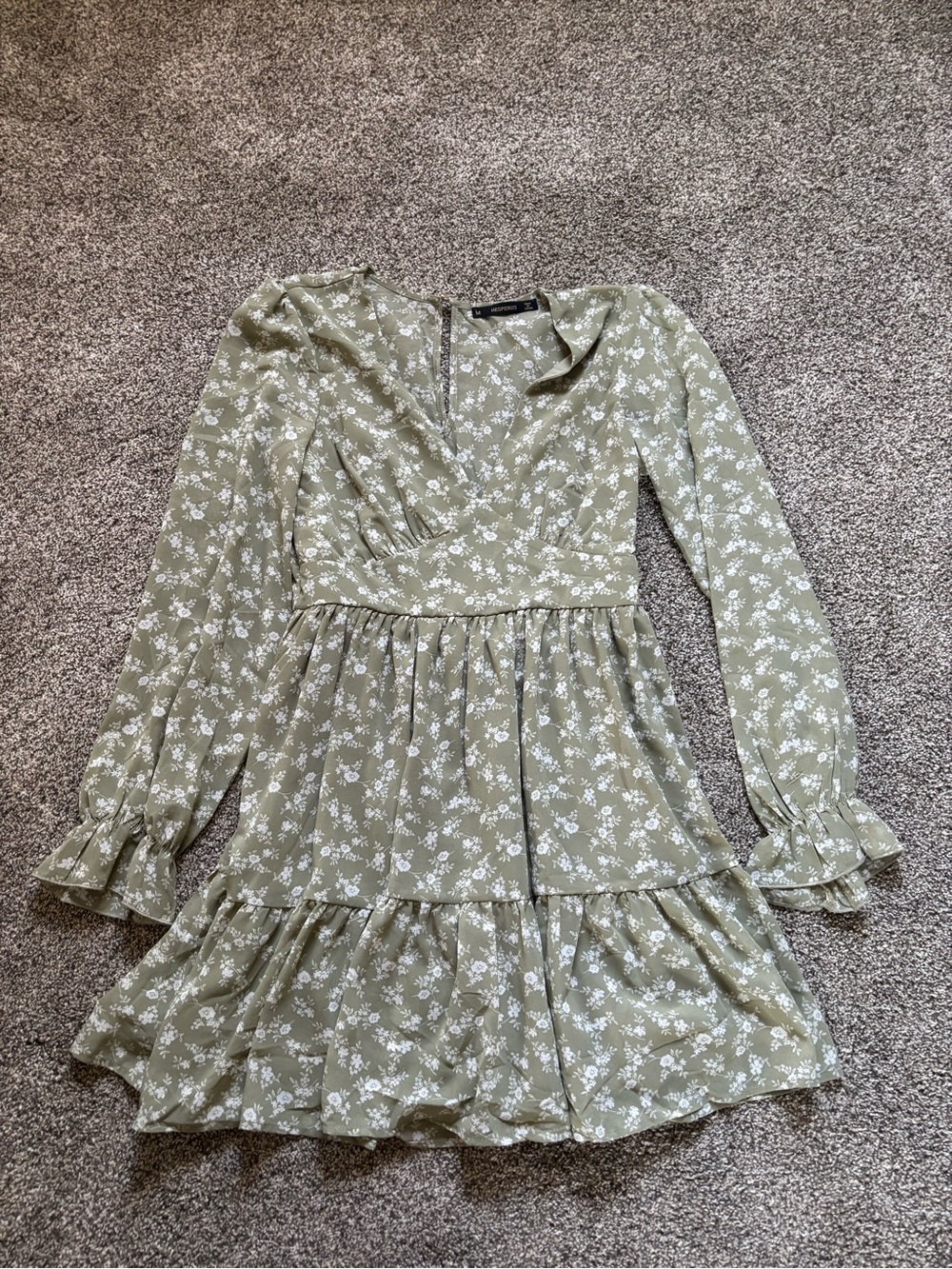 Olive Green Floral Mini Dress with Long Sleeves